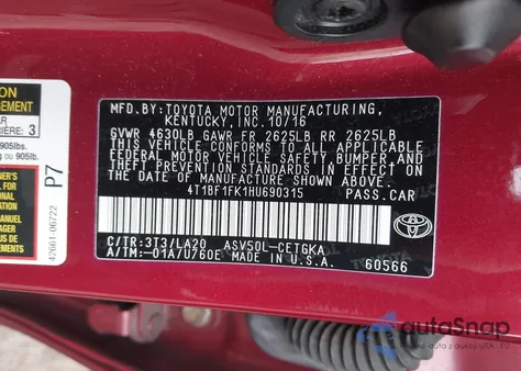 2017 Toyota Camry Xle из США, поврежденный, VIN 4T1BF1FK1HU690315